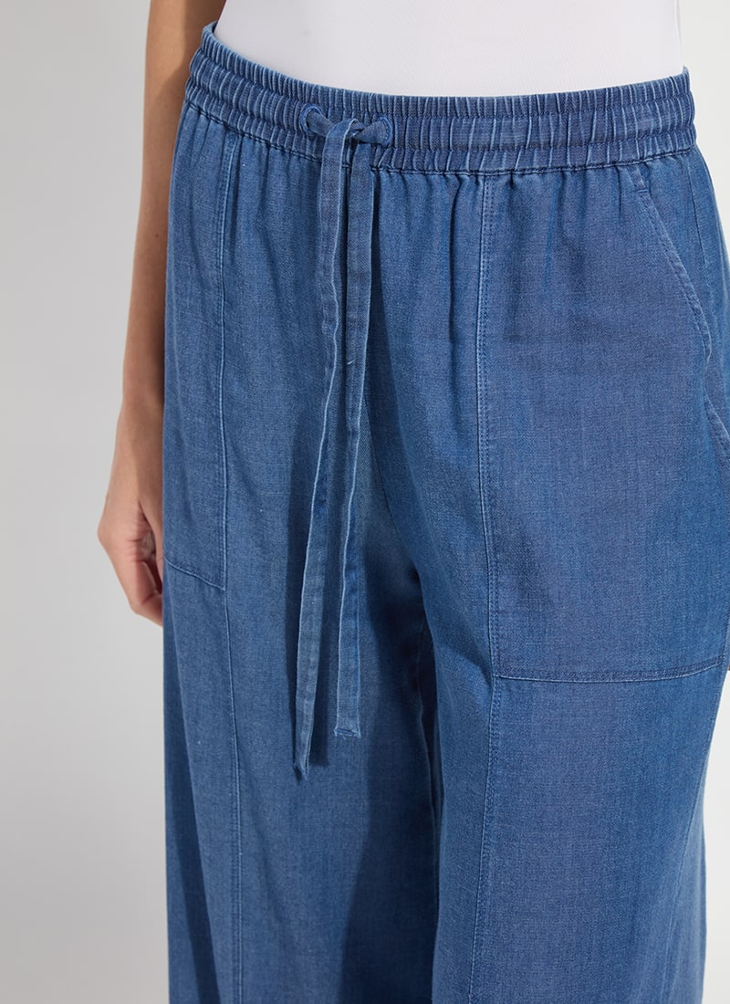 Lilia Drawstring Ankle Wide Leg Pant in Mid Wash