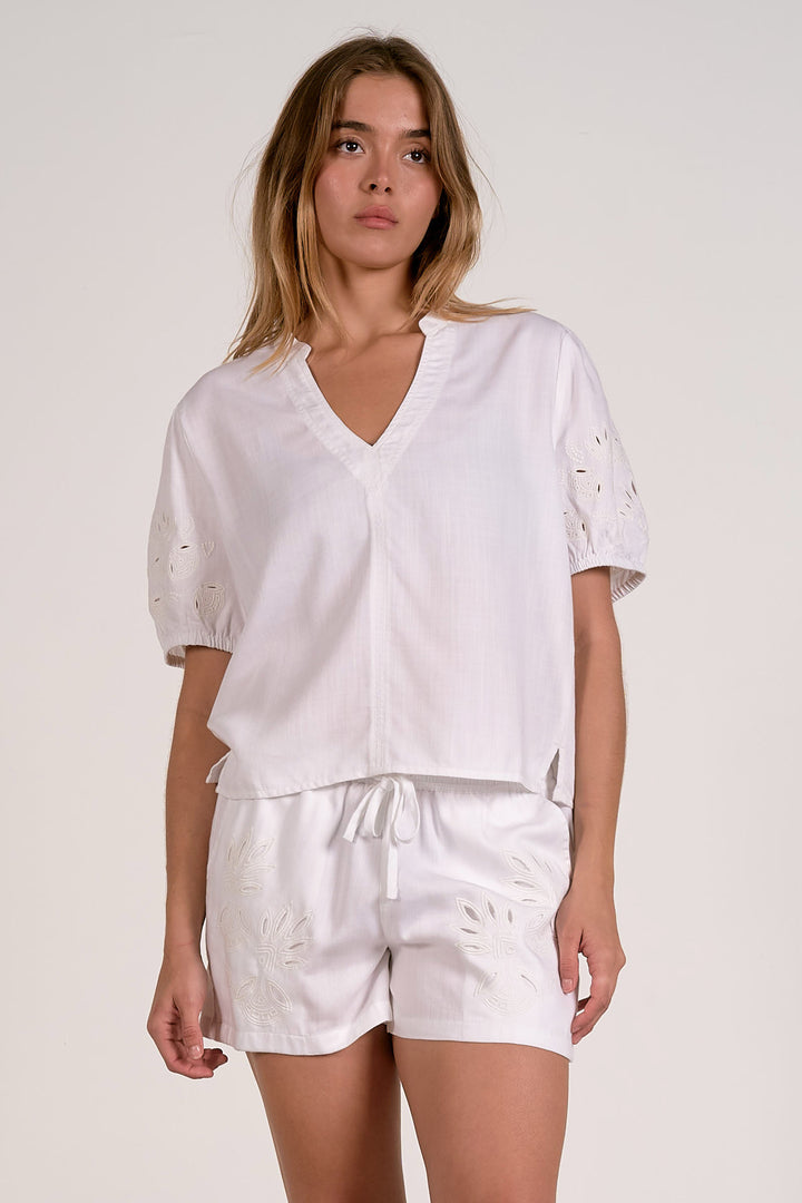 White Eyelet Sleeve V-Neck Top
