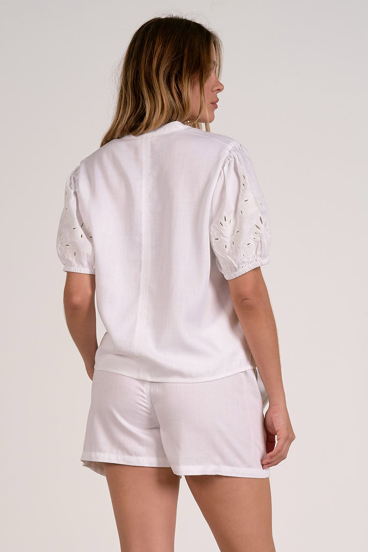 White Eyelet Sleeve V-Neck Top
