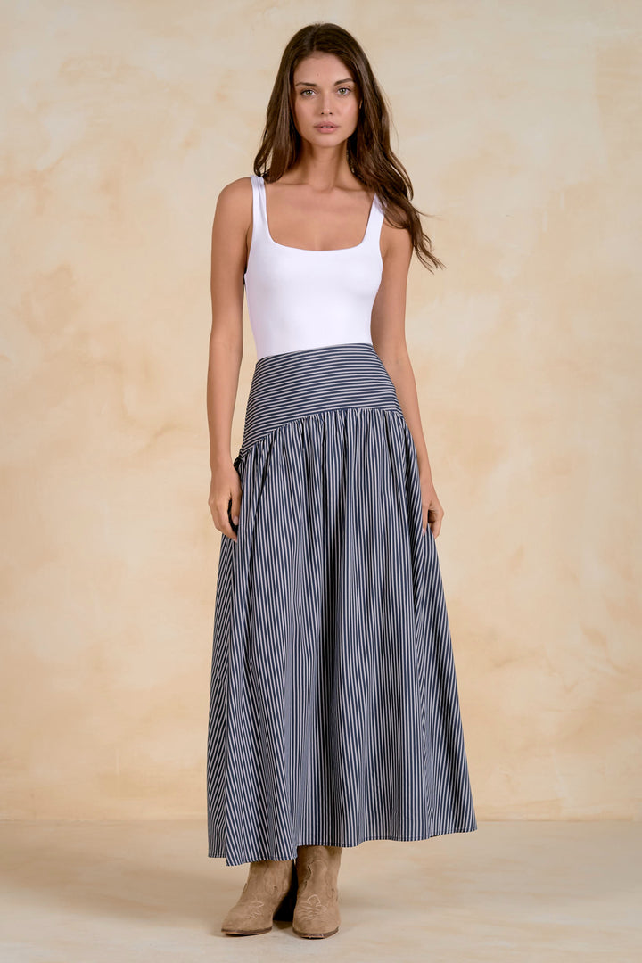 Blue Stripe Curved Maxi Skirt