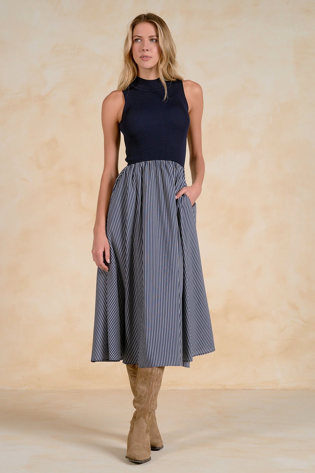 Blue Stripe Mock Neck Maxi Dress