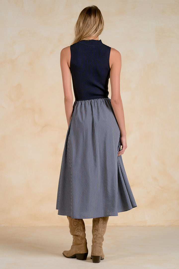 Blue Stripe Mock Neck Maxi Dress