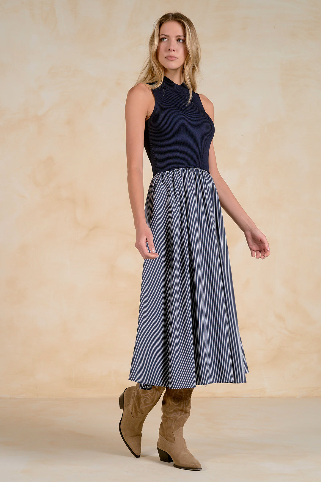 Blue Stripe Mock Neck Maxi Dress