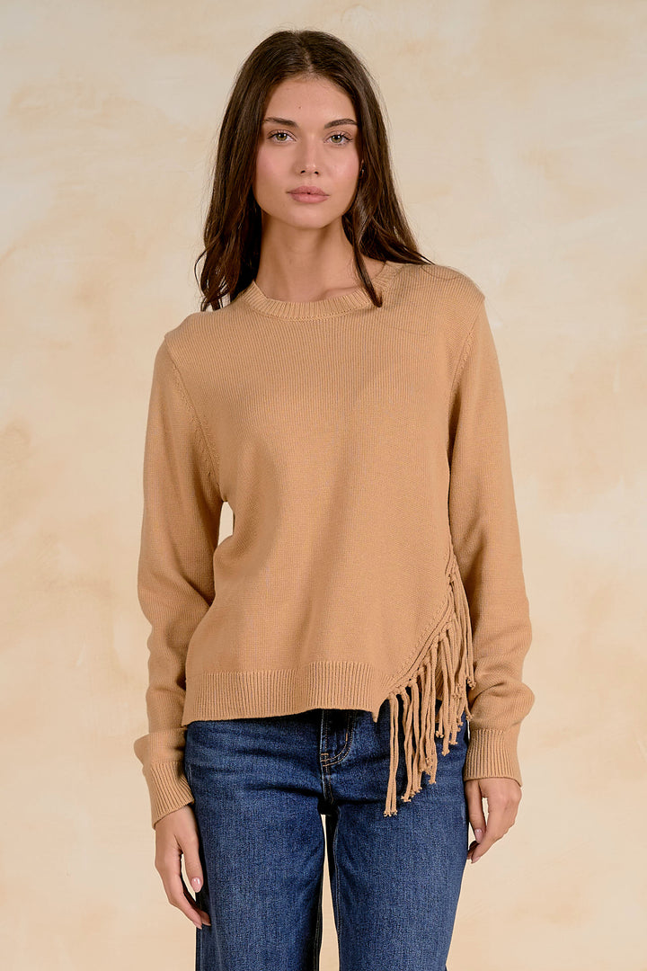 Tan Fringe Crewneck Sweater