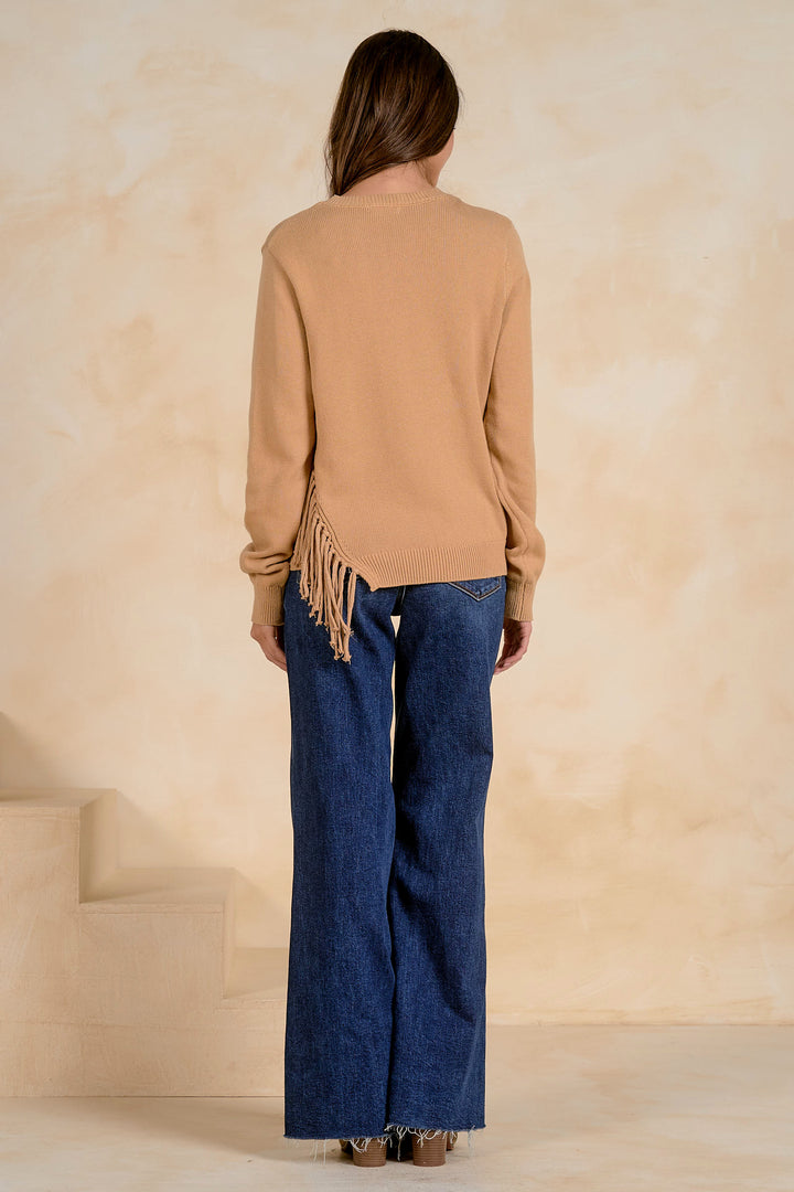 Tan Fringe Crewneck Sweater