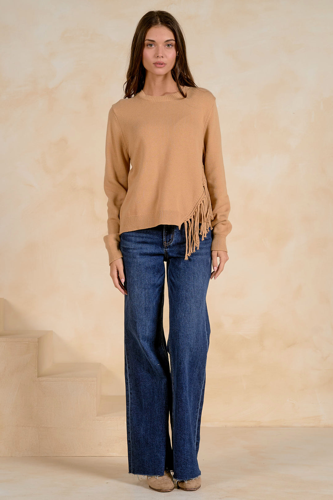 Tan Fringe Crewneck Sweater