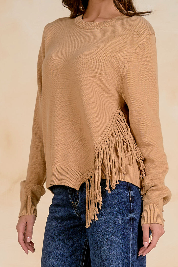Tan Fringe Crewneck Sweater