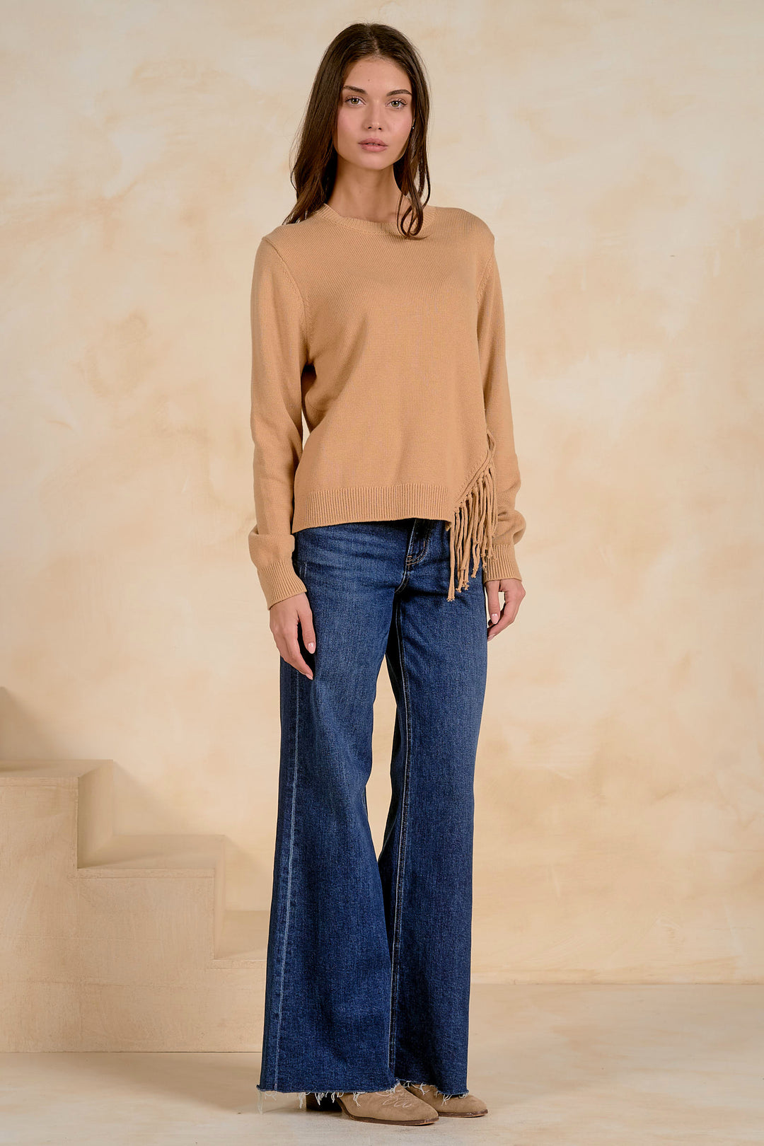 Tan Fringe Crewneck Sweater