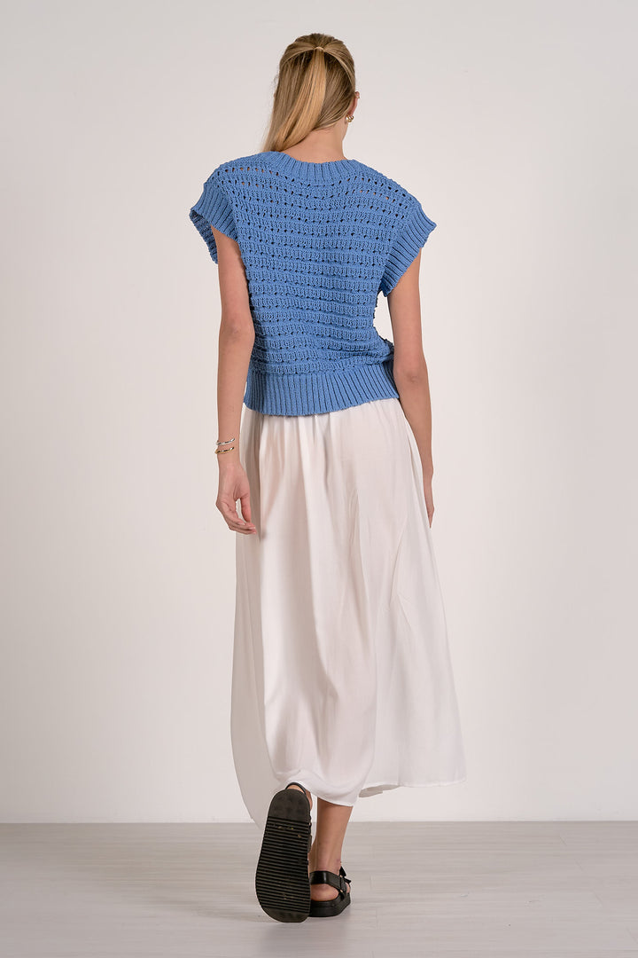Blue Open Knit Short Sleeve Sweater