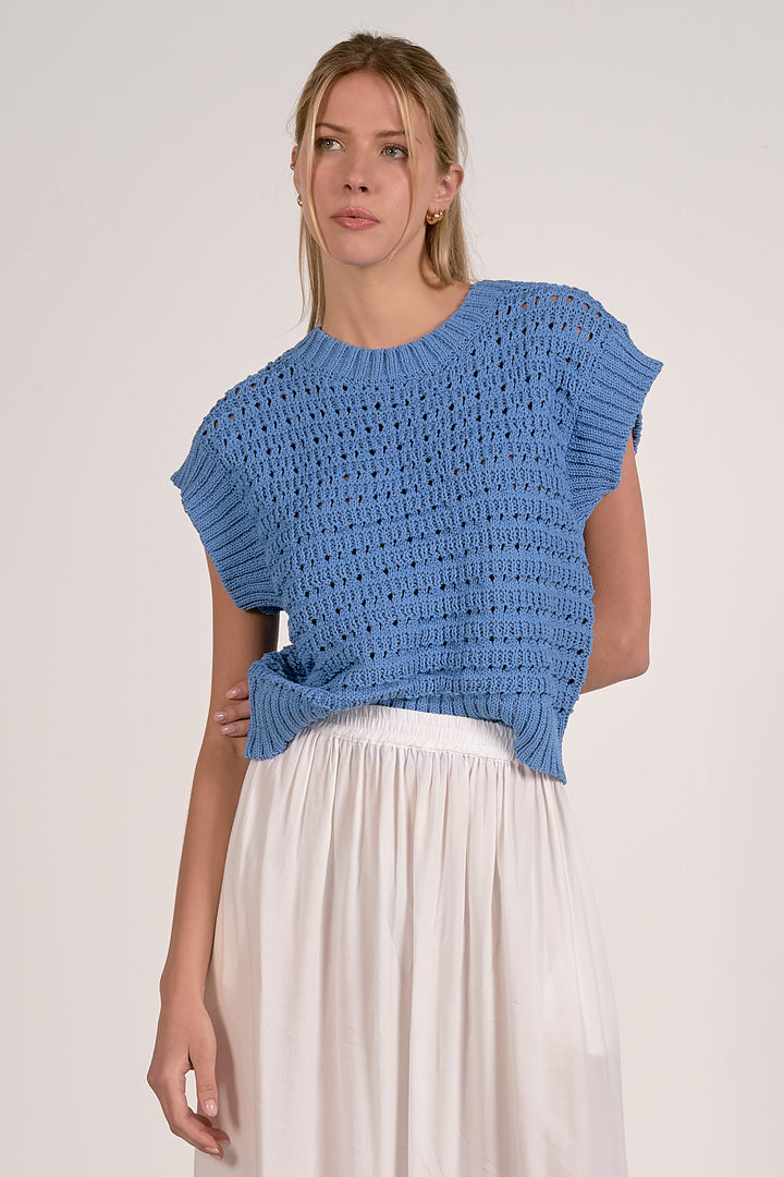 Blue Open Knit Short Sleeve Sweater