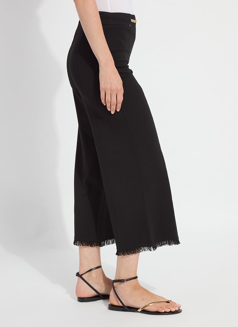 Black Wide Leg Crop Fringe Belted Pant