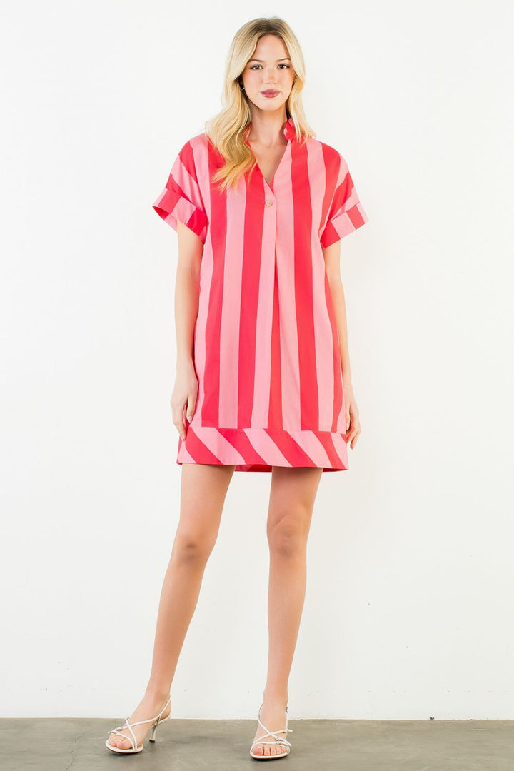 Pink Striped Short Sleeve Dress
