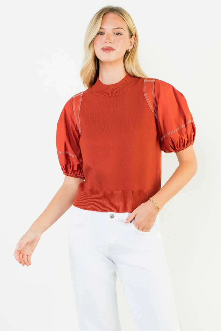 Poplin Puff Sleeve Knit Top