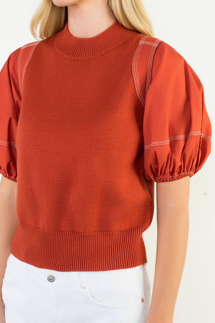Poplin Puff Sleeve Knit Top